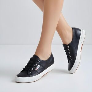 Superga 2750 Women’s Black White Nappa Leather Classic Sneakers Eur 39.5 US 8.5
